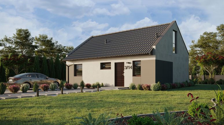 ERDOL 1 XL - Version Links (Wohnzimmer auf der linken Seite) - Modernes Satteldach mit Dachgeschoss -Dachneigung 35 Grad - Treppe in Treppenhaus - keine Dachfenster - Balkontür im Esszimmer und Bodentiefe Fenster im Dachgeschoss - Styropor, Netz, Kleber - Nusbaum - Ohne