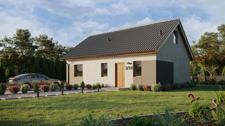 ERDOL 1 XL - Version Links (Wohnzimmer auf der linken Seite) - Satteldach mit Dachgeschoss -Dachneigung 35 Grad - Treppe im Wohnzimmer - Zwei-Zimmer-Dachfenster - Standard - Styropor, Netz, Kleber - Goldene Eiche - Ohne