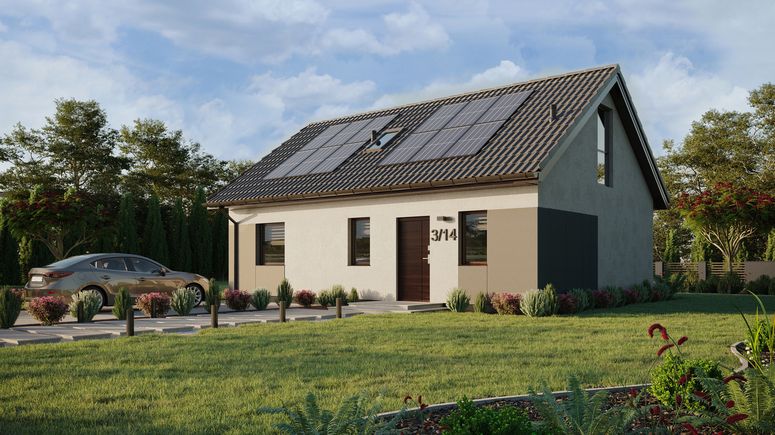 ERDOL 1 XL - Version Links (Wohnzimmer auf der linken Seite) - Satteldach mit Dachgeschoss -Dachneigung 35 Grad - Treppe im Wohnzimmer - Dachfenster für Zimmer und Badezimmer - Balkontür im Esszimmer und Bodentiefe Fenster im Dachgeschoss - Styropor, Netz, Kleber - Nusbaum - Photovoltaik-Installation 4,8 kWp (12 Paneele)