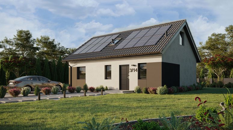 ERDOL 1 XL - Version Links (Wohnzimmer auf der linken Seite) - Satteldach mit Dachgeschoss -Dachneigung 35 Grad - Treppe im Wohnzimmer - Dachfenster für Zimmer und Badezimmer - Standard - Styropor, Netz, Kleber - Anthrazit - Photovoltaik-Installation 6,4 kWp (16 Paneele)