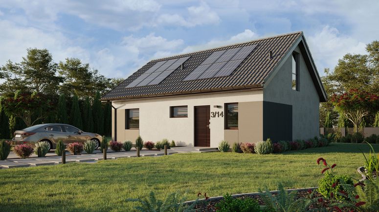 ERDOL 1 XL - Version Links (Wohnzimmer auf der linken Seite) - Satteldach mit Dachgeschoss -Dachneigung 35 Grad - Treppe in Treppenhaus - keine Dachfenster - Balkontür im Esszimmer und Bodentiefe Fenster im Dachgeschoss - Styropor, Netz, Kleber - Nusbaum - Photovoltaik-Installation 4,8 kWp (12 Paneele)