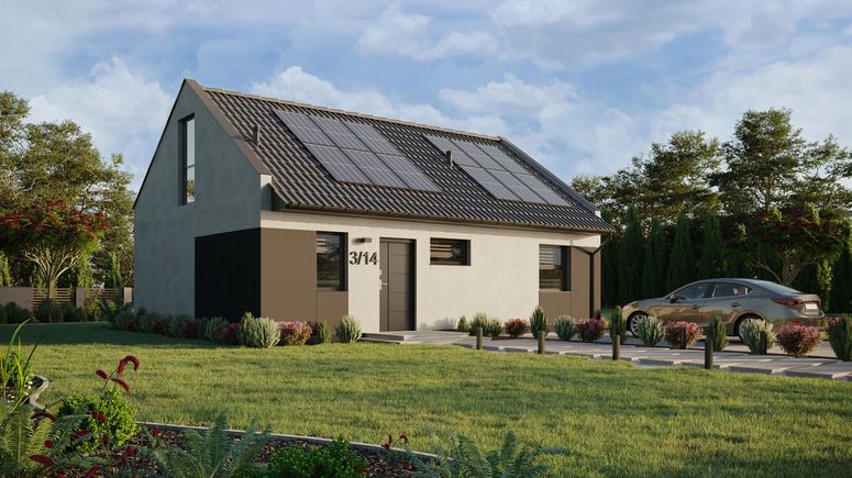 ERDOL 1 XL - Version Rechts (Wohnzimmer auf der rechten Seite) - Modernes Satteldach mit Dachgeschoss -Dachneigung 35 Grad - Treppe in Treppenhaus - Dachfenster für Zimmer und Badezimmer - Bodentiefe Fenster im Dachgeschoss - Styropor, Netz, Kleber - Anthrazit - Photovoltaik-Installation 4,8 kWp (12 Paneele)