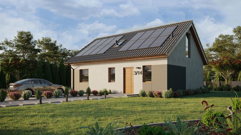 ERDOL 1 XL - Version Links (Wohnzimmer auf der linken Seite) - Satteldach mit Dachgeschoss -Dachneigung 35 Grad - Treppe im Wohnzimmer - Dachfenster für Zimmer und Badezimmer - Bodentiefe Fenster im Dachgeschoss - Styropor, Netz, Kleber - Goldene Eiche - Photovoltaik-Installation 6,4 kWp (16 Paneele)