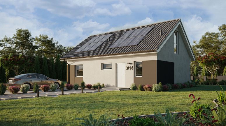 ERDOL 1 XL - Version Links (Wohnzimmer auf der linken Seite) - Satteldach mit Dachgeschoss -Dachneigung 35 Grad - Treppe in Treppenhaus - Dachfenster für Zimmer und Badezimmer - Balkontür im Esszimmer und Bodentiefe Fenster im Dachgeschoss - Styropor, Netz, Kleber - Weiß - Photovoltaik-Installation 4,8 kWp (12 Paneele)