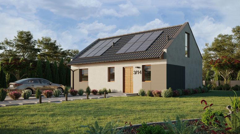 ERDOL 1 XL - Version Links (Wohnzimmer auf der linken Seite) - Modernes Satteldach mit Dachgeschoss -Dachneigung 35 Grad - Treppe im Wohnzimmer - keine Dachfenster - Balkontür im Esszimmer und Bodentiefe Fenster im Dachgeschoss - Styropor, Netz, Kleber - Goldene Eiche - Photovoltaik-Installation 4,8 kWp (12 Paneele)