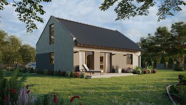 ERDOL 1 XL - Version Rechts (Wohnzimmer auf der rechten Seite) - Modernes Satteldach mit Dachgeschoss -Dachneigung 35 Grad - Treppe in Treppenhaus - keine Dachfenster - Bodentiefe Fenster im Dachgeschoss - Styropor, Netz, Kleber - Goldene Eiche - Ohne