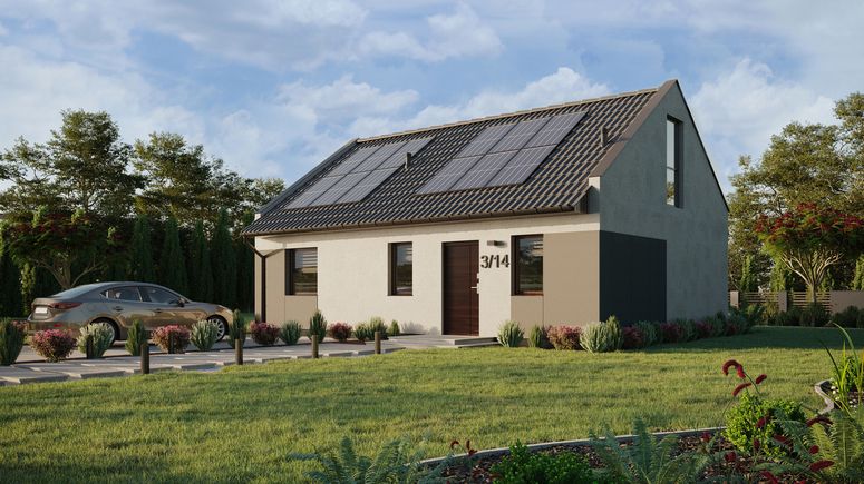 ERDOL 1 XL - Version Links (Wohnzimmer auf der linken Seite) - Modernes Satteldach mit Dachgeschoss -Dachneigung 35 Grad - Treppe im Wohnzimmer - Zwei-Zimmer-Dachfenster - Balkontür im Esszimmer und Bodentiefe Fenster im Dachgeschoss - Styropor, Netz, Kleber - Nusbaum - Photovoltaik-Installation 4,8 kWp (12 Paneele)