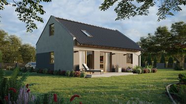 ERDOL 1 XL - Version Rechts (Wohnzimmer auf der rechten Seite) - Modernes Satteldach mit Dachgeschoss -Dachneigung 35 Grad - Treppe in Treppenhaus - Dachfenster für Zimmer und Badezimmer - Standard - Styropor, Netz, Kleber - Winchester - Ohne