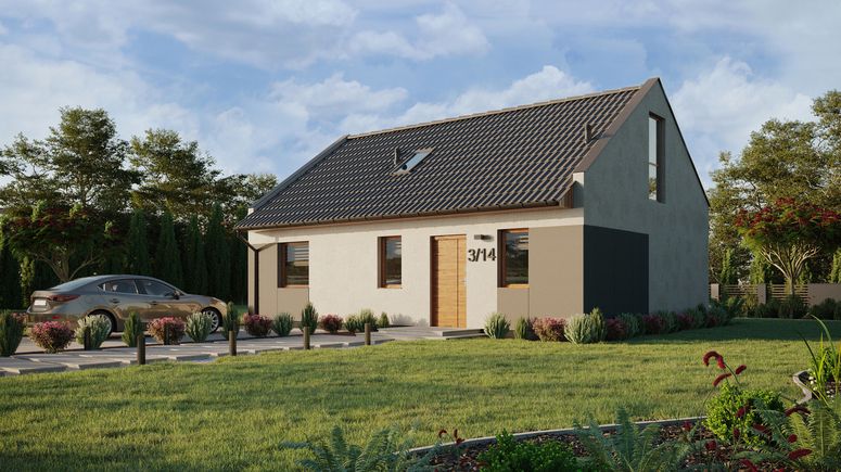 ERDOL 1 XL - Version Links (Wohnzimmer auf der linken Seite) - Modernes Satteldach mit Dachgeschoss -Dachneigung 35 Grad - Treppe im Wohnzimmer - Dachfenster für Zimmer und Badezimmer - Bodentiefe Fenster im Dachgeschoss - Styropor, Netz, Kleber - Goldene Eiche - Ohne