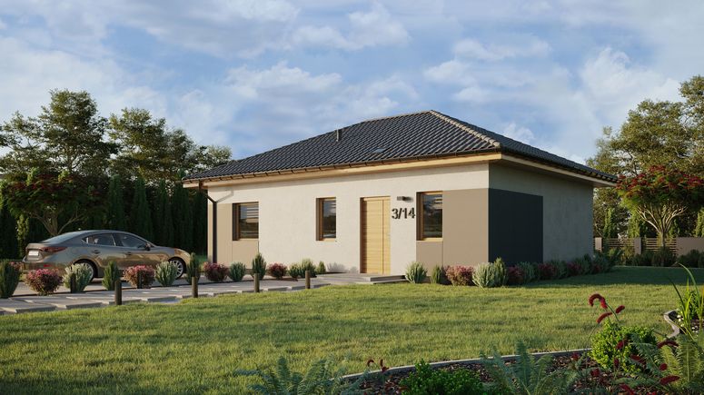 ERDOL 1 XL - Version Links (Wohnzimmer auf der linken Seite) - Walmdach ohne Dachgeschoss- Dachneigung 25 Grad - Starres Tunneldachfenster - Standard - Styropor, Netz, Kleber - Winchester