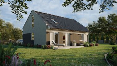 ERDOL 1 XL - Version Rechts (Wohnzimmer auf der rechten Seite) - Modernes Satteldach mit Dachgeschoss -Dachneigung 35 Grad - Treppe in Treppenhaus - Dachfenster für Zimmer und Badezimmer - Bodentiefe Fenster im Dachgeschoss - Styropor, Netz, Kleber - Weiß - Ohne