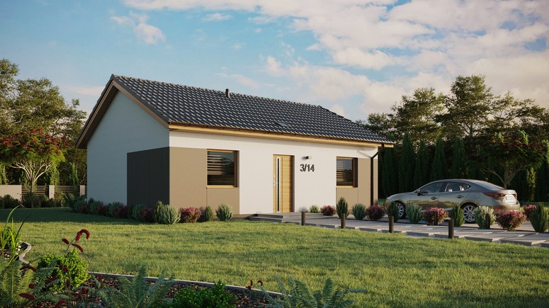 ERDOL 2 - Version Rechts (Wohnzimmer auf der rechten Seite) - Satteldach ohne Dachgeschoss - Dachneigung 25 Grad - Starres Tunneldachfenster - Standard - Styropor, Netz, Kleber - Winchester - Ohne