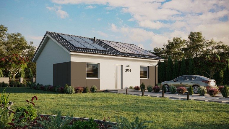 ERDOL 2 - Version Rechts (Wohnzimmer auf der rechten Seite) - Satteldach ohne Dachgeschoss - Dachneigung 25 Grad - keine Dachfenster - Standard - Styropor, Netz, Kleber - Weiß - Photovoltaik-Installation 6,4 kWp (16 Paneele)