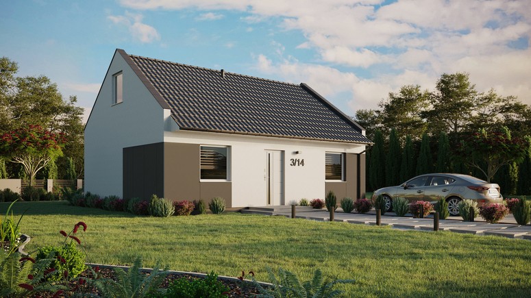 ERDOL 2 - Version Rechts (Wohnzimmer auf der rechten Seite) - Modernes Satteldach mit Dachgeschoss -Dachneigung 35 Grad - keine Dachfenster - Standard - Styropor, Netz, Kleber - Weiß - Ohne