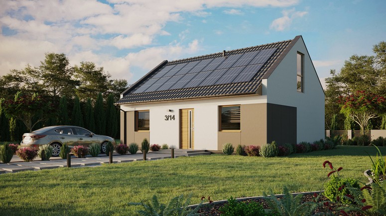 ERDOL 2 - Version Links (Wohnzimmer auf der linken Seite) - Modernes Satteldach mit Dachgeschoss -Dachneigung 35 Grad - Dachfenster für Zimmer und Badezimmer - Balkontür im Esszimmer und Bodentiefe Fenster im Dachgeschoss - Styropor, Netz, Kleber - Winchester - Photovoltaik-Installation 6,4 kWp (16 Paneele)