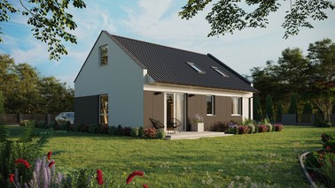 ERDOL 2 - Version Rechts (Wohnzimmer auf der rechten Seite) - Modernes Satteldach mit Dachgeschoss -Dachneigung 35 Grad - Dachfenster für Zimmer und Badezimmer - Balkontür im Esszimmer - Styropor, Netz, Kleber - Weiß - Ohne