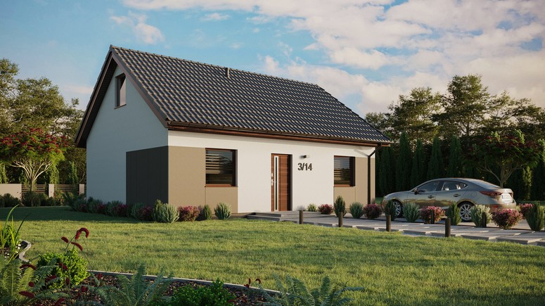 ERDOL 2 - Version Rechts (Wohnzimmer auf der rechten Seite) - Satteldach mit Dachgeschoss -Dachneigung 35 Grad - keine Dachfenster - Standard - Styropor, Netz, Kleber - Nusbaum - Ohne