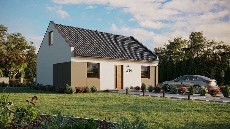 ERDOL 2 - Version Rechts (Wohnzimmer auf der rechten Seite) - Modernes Satteldach mit Dachgeschoss -Dachneigung 35 Grad - keine Dachfenster - Standard - Styropor, Netz, Kleber - Goldene Eiche - Ohne