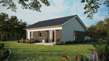 ERDOL 2 - Version Links (Wohnzimmer auf der linken Seite) - Satteldach ohne Dachgeschoss - Dachneigung 25 Grad - keine Dachfenster - Balkontür im Esszimmer - Styropor, Netz, Kleber - Weiß - Ohne