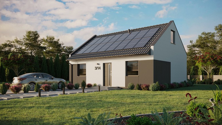 ERDOL 2 - Version Links (Wohnzimmer auf der linken Seite) - Modernes Satteldach mit Dachgeschoss -Dachneigung 35 Grad - Dachfenster für Zimmer und Badezimmer - Standard - Styropor, Netz, Kleber - Anthrazit - Photovoltaik-Installation 6,4 kWp (16 Paneele)