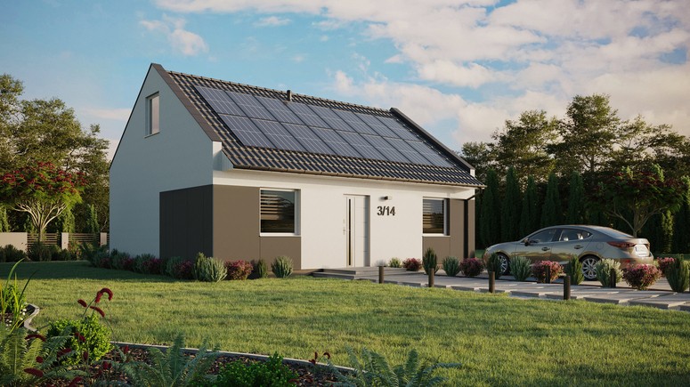 ERDOL 2 - Version Rechts (Wohnzimmer auf der rechten Seite) - Modernes Satteldach mit Dachgeschoss -Dachneigung 35 Grad - keine Dachfenster - Standard - Styropor, Netz, Kleber - Weiß - Photovoltaik-Installation 6,4 kWp (16 Paneele)