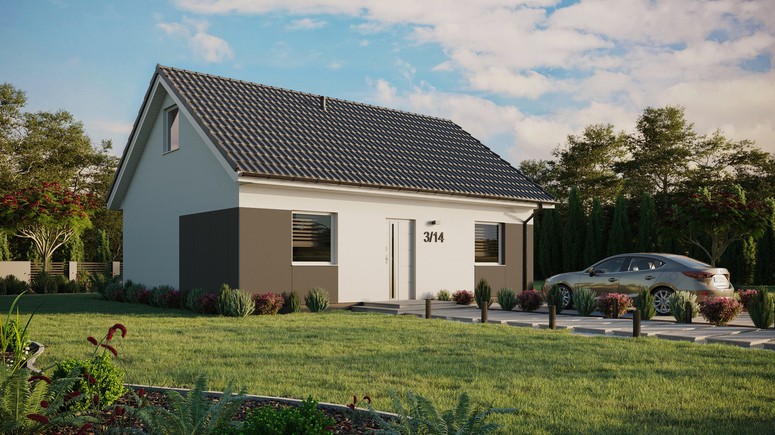 ERDOL 2 - Version Rechts (Wohnzimmer auf der rechten Seite) - Satteldach mit Dachgeschoss -Dachneigung 35 Grad - keine Dachfenster - Standard - Styropor, Netz, Kleber - Weiß - Ohne