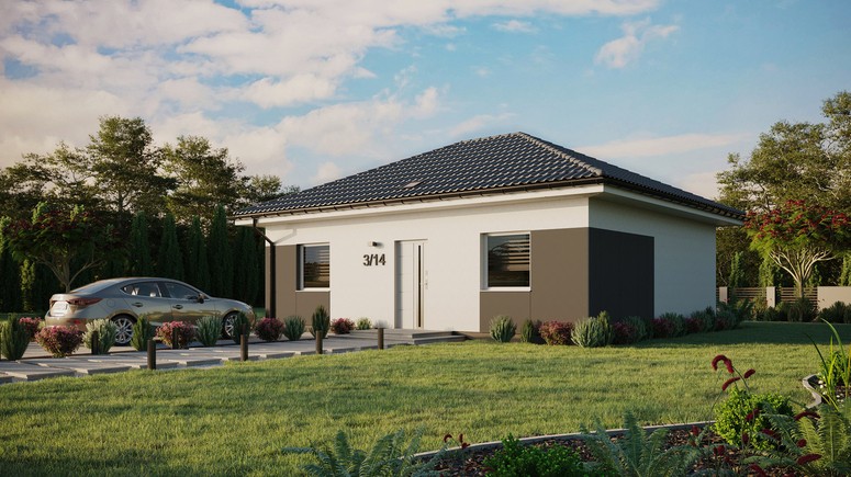 ERDOL 2 - Version Links (Wohnzimmer auf der linken Seite) - Walmdach ohne Dachgeschoss- Dachneigung 25 Grad - Starres Tunneldachfenster - Standard - Styropor, Netz, Kleber - Weiß