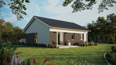 ERDOL 2 - Version Rechts (Wohnzimmer auf der rechten Seite) - Satteldach ohne Dachgeschoss - Dachneigung 25 Grad - keine Dachfenster - Balkontür im Esszimmer - Styropor, Netz, Kleber - Weiß - Ohne