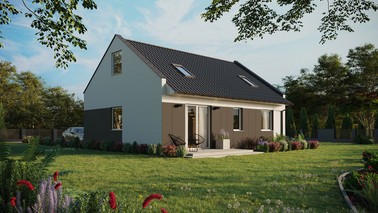 ERDOL 2 - Version Rechts (Wohnzimmer auf der rechten Seite) - Modernes Satteldach mit Dachgeschoss -Dachneigung 35 Grad - Zwei-Zimmer-Dachfenster - Standard - Styropor, Netz, Kleber - Weiß - Ohne