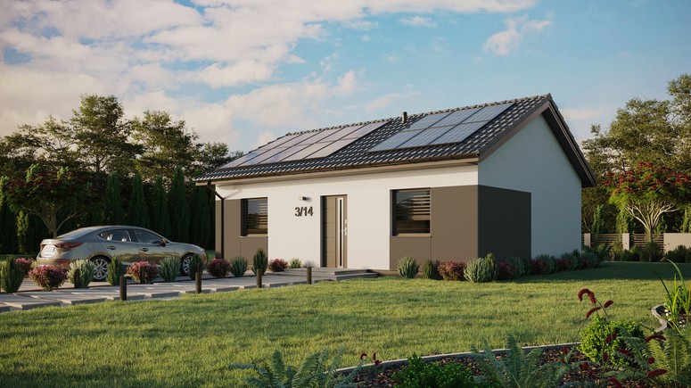 ERDOL 2 - Version Links (Wohnzimmer auf der linken Seite) - Satteldach ohne Dachgeschoss - Dachneigung 25 Grad - keine Dachfenster - Standard - Styropor, Netz, Kleber - Anthrazit - Photovoltaik-Installation 6,4 kWp (16 Paneele)