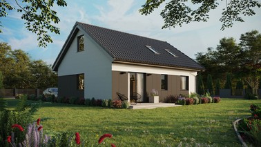 ERDOL 2 - Version Rechts (Wohnzimmer auf der rechten Seite) - Satteldach mit Dachgeschoss -Dachneigung 35 Grad - Dachfenster für Zimmer und Badezimmer - Standard - Styropor, Netz, Kleber - Anthrazit - Ohne