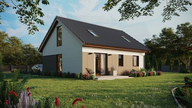 ERDOL 2 - Version Rechts (Wohnzimmer auf der rechten Seite) - Satteldach mit Dachgeschoss -Dachneigung 35 Grad - Zwei-Zimmer-Dachfenster - Balkontür im Esszimmer und Bodentiefe Fenster im Dachgeschoss - Styropor, Netz, Kleber - Nusbaum - Ohne