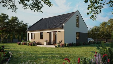 ERDOL 2 - Version Links (Wohnzimmer auf der linken Seite) - Modernes Satteldach mit Dachgeschoss -Dachneigung 35 Grad - keine Dachfenster - Bodentiefe Fenster im Dachgeschoss - Styropor, Netz, Kleber - Nusbaum - Photovoltaik-Installation 6,4 kWp (16 Paneele)