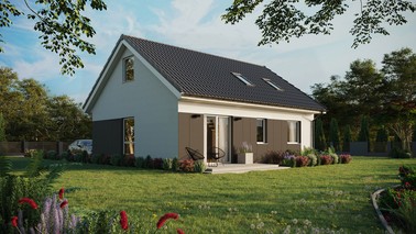 ERDOL 2 - Version Rechts (Wohnzimmer auf der rechten Seite) - Satteldach mit Dachgeschoss -Dachneigung 35 Grad - Dachfenster für Zimmer und Badezimmer - Balkontür im Esszimmer - Styropor, Netz, Kleber - Weiß - Ohne