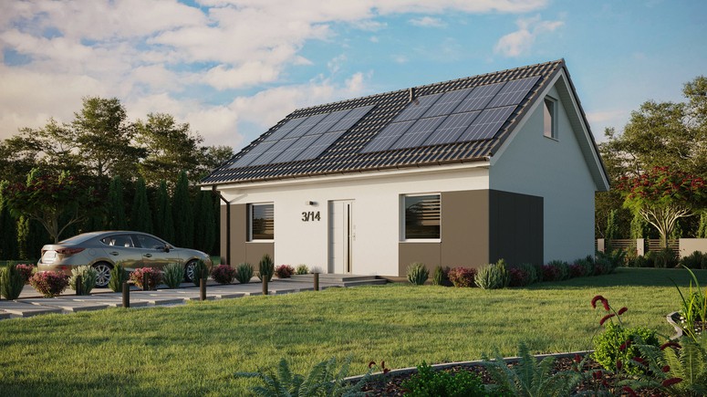 ERDOL 2 - Version Links (Wohnzimmer auf der linken Seite) - Satteldach mit Dachgeschoss -Dachneigung 35 Grad - keine Dachfenster - Standard - Styropor, Netz, Kleber - Weiß - Photovoltaik-Installation 6,4 kWp (16 Paneele)