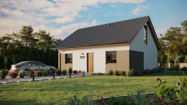 ERDOL 2 - Version Links (Wohnzimmer auf der linken Seite) - Satteldach mit Dachgeschoss -Dachneigung 35 Grad - keine Dachfenster - Balkontür im Esszimmer und Bodentiefe Fenster im Dachgeschoss - Styropor, Netz, Kleber - Goldene Eiche - Ohne