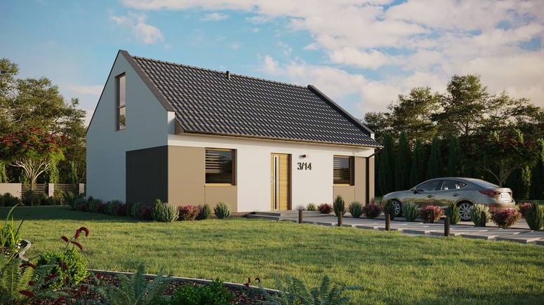 ERDOL 2 - Version Rechts (Wohnzimmer auf der rechten Seite) - Modernes Satteldach mit Dachgeschoss -Dachneigung 35 Grad - keine Dachfenster - Bodentiefe Fenster im Dachgeschoss - Styropor, Netz, Kleber - Winchester - Ohne