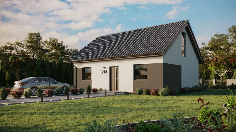 ERDOL 2 - Version Links (Wohnzimmer auf der linken Seite) - Satteldach mit Dachgeschoss -Dachneigung 35 Grad - keine Dachfenster - Bodentiefe Fenster im Dachgeschoss - Styropor, Netz, Kleber - Anthrazit - Ohne