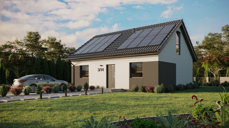 ERDOL 2 - Version Links (Wohnzimmer auf der linken Seite) - Satteldach mit Dachgeschoss -Dachneigung 35 Grad - Dachfenster für Zimmer und Badezimmer - Bodentiefe Fenster im Dachgeschoss - Styropor, Netz, Kleber - Anthrazit - Photovoltaik-Installation 6,4 kWp (16 Paneele)