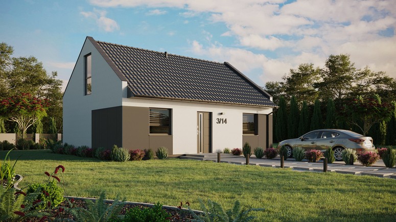 ERDOL 2 - Version Rechts (Wohnzimmer auf der rechten Seite) - Modernes Satteldach mit Dachgeschoss -Dachneigung 35 Grad - keine Dachfenster - Balkontür im Esszimmer und Bodentiefe Fenster im Dachgeschoss - Styropor, Netz, Kleber - Anthrazit - Ohne