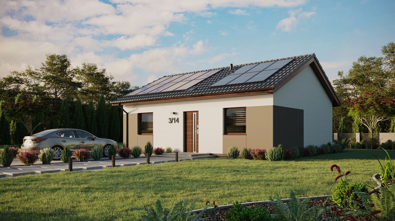 ERDOL 2 - Version Links (Wohnzimmer auf der linken Seite) - Satteldach ohne Dachgeschoss - Dachneigung 25 Grad - Starres Tunneldachfenster - Standard - Styropor, Netz, Kleber - Nusbaum - Photovoltaik-Installation 6,4 kWp (16 Paneele)