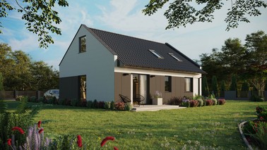 ERDOL 2 - Version Rechts (Wohnzimmer auf der rechten Seite) - Modernes Satteldach mit Dachgeschoss -Dachneigung 35 Grad - Dachfenster für Zimmer und Badezimmer - Balkontür im Esszimmer - Styropor, Netz, Kleber - Anthrazit - Ohne