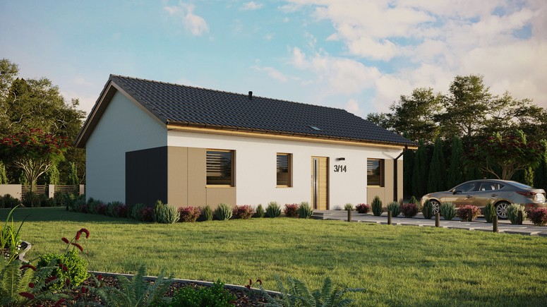 ERDOL 3 - Version Rechts (Wohnzimmer auf der rechten Seite) - Satteldach ohne Dachgeschoss - Dachneigung 25 Grad - Starres Tunneldachfenster - Standard - Styropor, Netz, Kleber - Winchester - Ohne