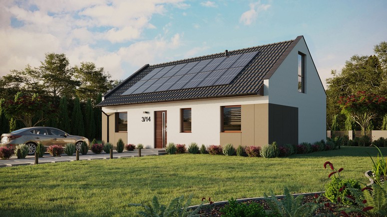 ERDOL 3 - Version Links (Wohnzimmer auf der linken Seite) - Modernes Satteldach mit Dachgeschoss -Dachneigung 35 Grad - Keine Dachfenster - Balkontür im Esszimmer und Bodentiefe Fenster im Dachgeschoss - Styropor, Netz, Kleber - Nusbaum - Photovoltaik-Installation 6,4 kWp (16 Paneele)