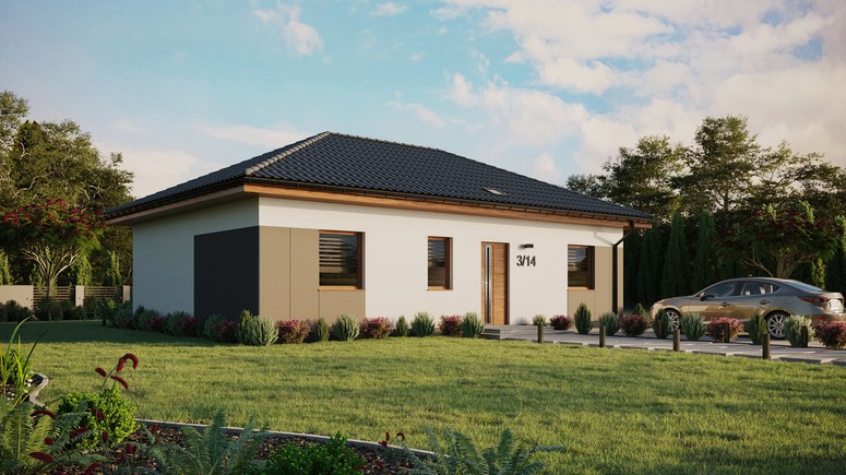 ERDOL 3 - Version Rechts (Wohnzimmer auf der rechten Seite) - Walmdach ohne Dachgeschoss- Dachneigung 25 Grad - Starres Tunneldachfenster - Standard - Styropor, Netz, Kleber - Goldene Eiche