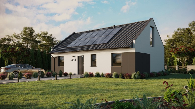 ERDOL 3 - Version Links (Wohnzimmer auf der linken Seite) - Modernes Satteldach mit Dachgeschoss -Dachneigung 35 Grad - Keine Dachfenster - Balkontür im Esszimmer und Bodentiefe Fenster im Dachgeschoss - Styropor, Netz, Kleber - Anthrazit - Photovoltaik-Installation 4,8 kWp (12 Paneele)