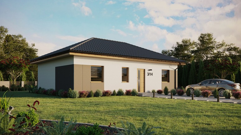 ERDOL 3 - Version Rechts (Wohnzimmer auf der rechten Seite) - Walmdach ohne Dachgeschoss- Dachneigung 25 Grad - Keine Dachfenster - Standard - Styropor, Netz, Kleber - Winchester