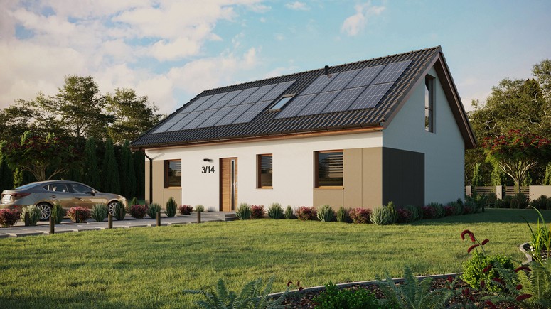 ERDOL 3 - Version Links (Wohnzimmer auf der linken Seite) - Satteldach mit Dachgeschoss -Dachneigung 35 Grad - Dachfenster für Zimmer und Badezimmer - Bodentiefe Fenster im Dachgeschoss - Styropor, Netz, Kleber - Goldene Eiche - Photovoltaik-Installation 8 kWp (20 Paneele)