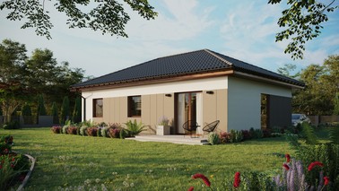 ERDOL 3 - Version Links (Wohnzimmer auf der linken Seite) - Walmdach ohne Dachgeschoss- Dachneigung 25 Grad - Keine Dachfenster - Balkontür im Esszimmer - Styropor, Netz, Kleber - Nusbaum