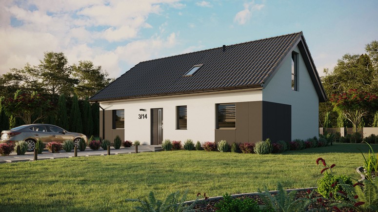 ERDOL 3 - Version Links (Wohnzimmer auf der linken Seite) - Satteldach mit Dachgeschoss -Dachneigung 35 Grad - Zwei Zimmer-Dachfenster und ein Badezimmer-Dachfenster - Balkontür im Esszimmer und Bodentiefe Fenster im Dachgeschoss - Styropor, Netz, Kleber - Anthrazit - Ohne